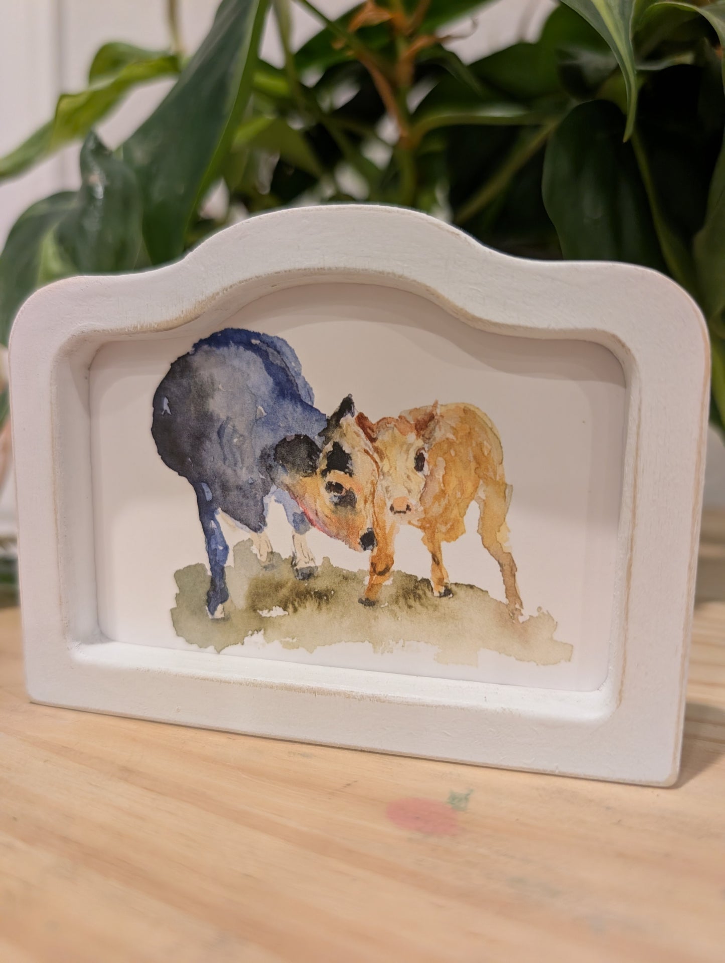 Mini Mama and Baby Cow Art Print - Wood Arch Frame - Lora Cavallin Art