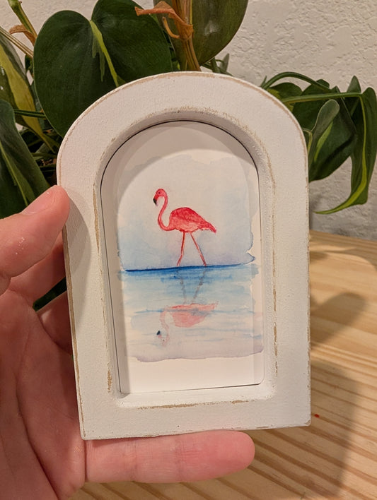 Mini Flamingo with Reflection Art Print - Wood Arch Frame - Lora Cavallin Art