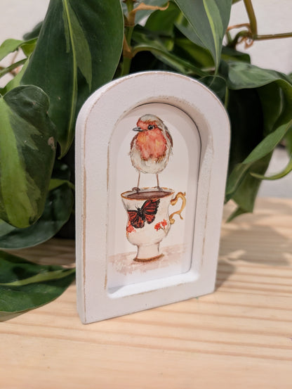 Mini Robin Bird on Teacup Art Print - Wood Arch Frame - Lora Cavallin Art