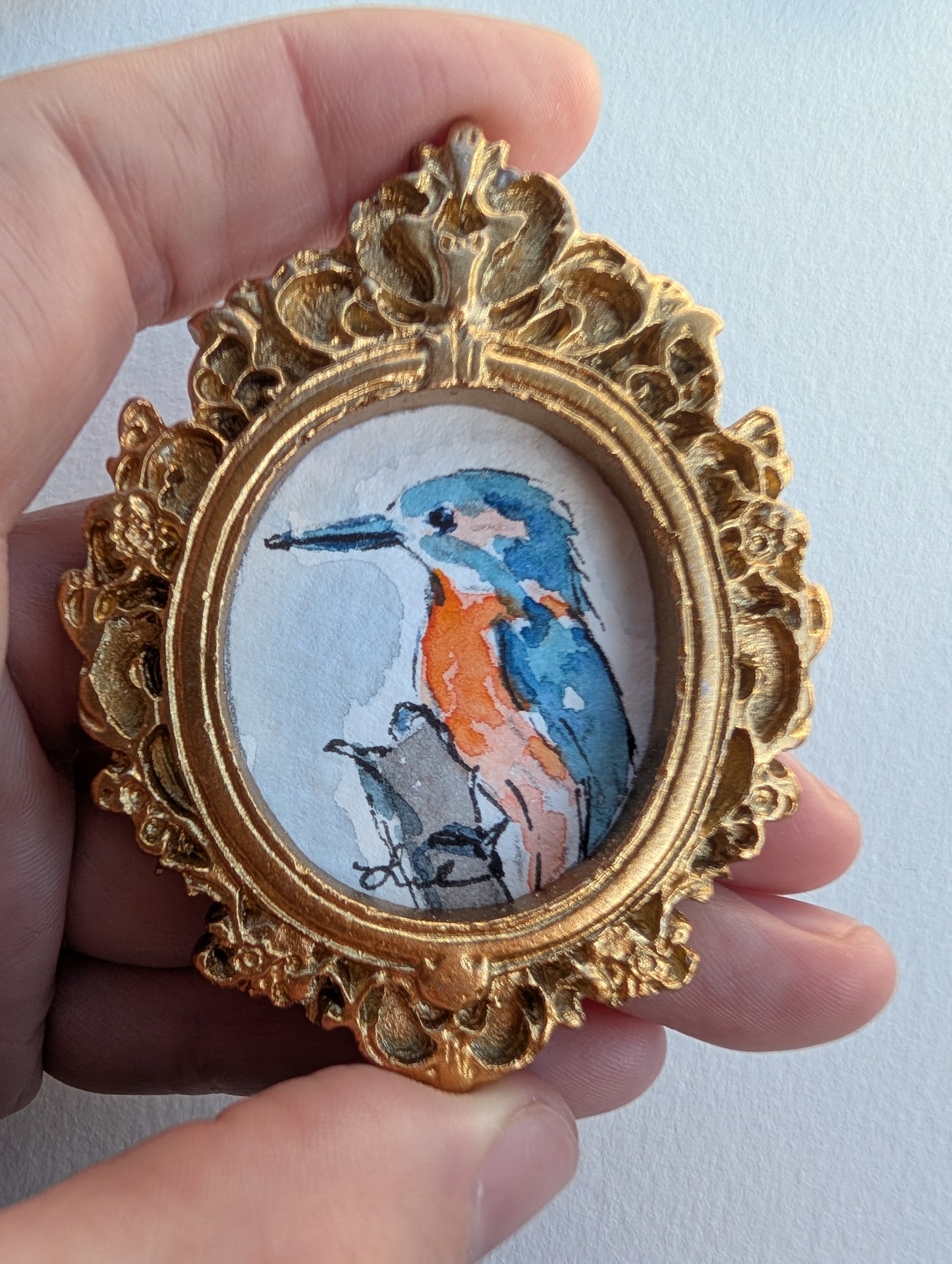 Mini Kingfisher Bird Painting - Original Watercolor Art by Lora Cavallin