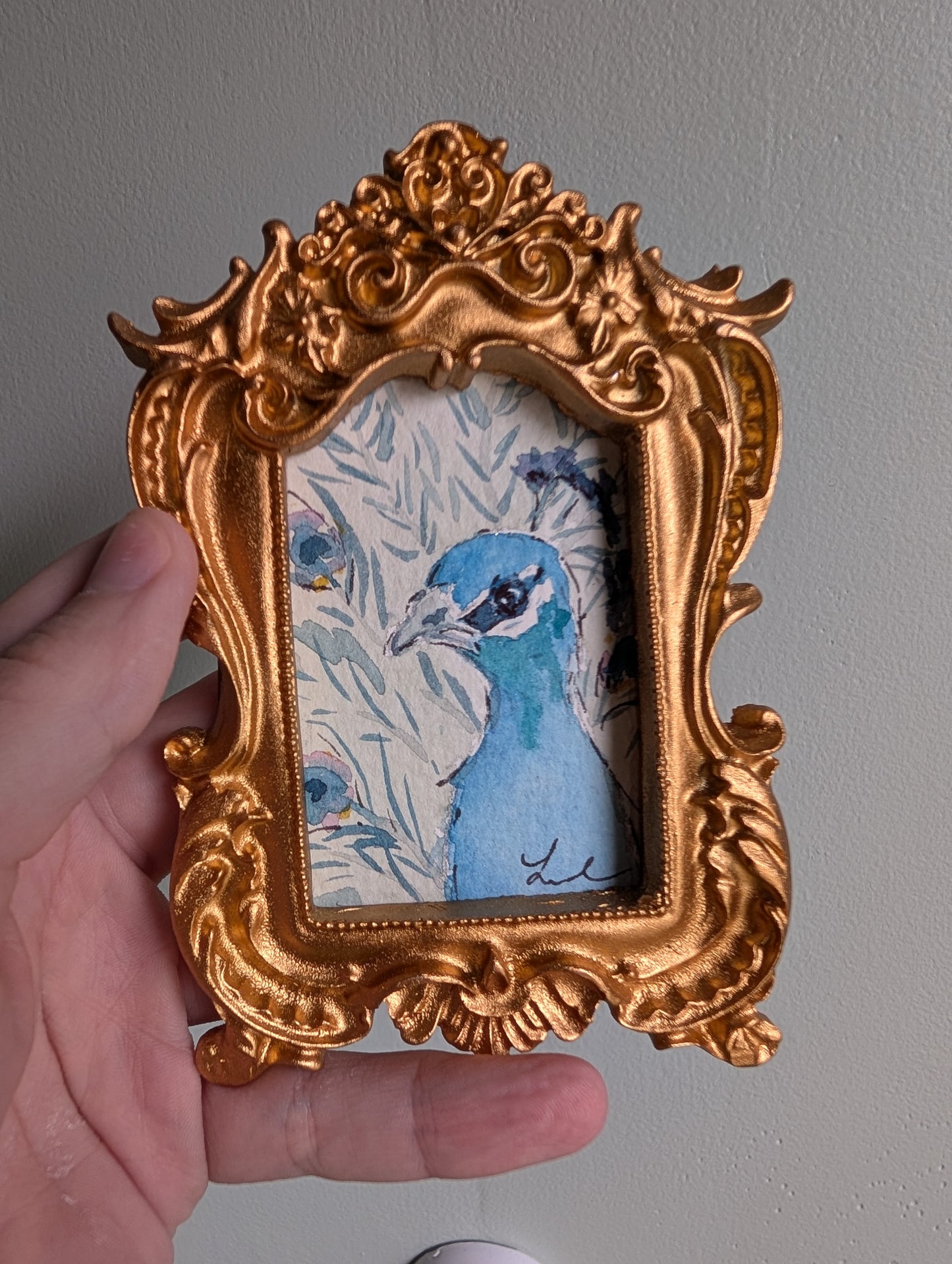 Mini Peacock Painting - Original Watercolor Art by Lora Cavallin