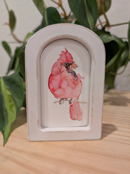 Mini Cardinal Bird Art Print - Wood Arch Frame - Lora Cavallin Art