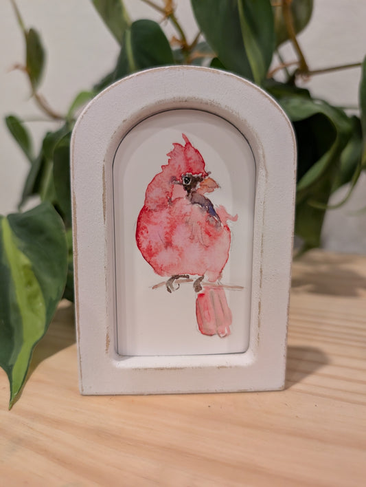 Mini Cardinal Bird Art Print - Wood Arch Frame - Lora Cavallin Art