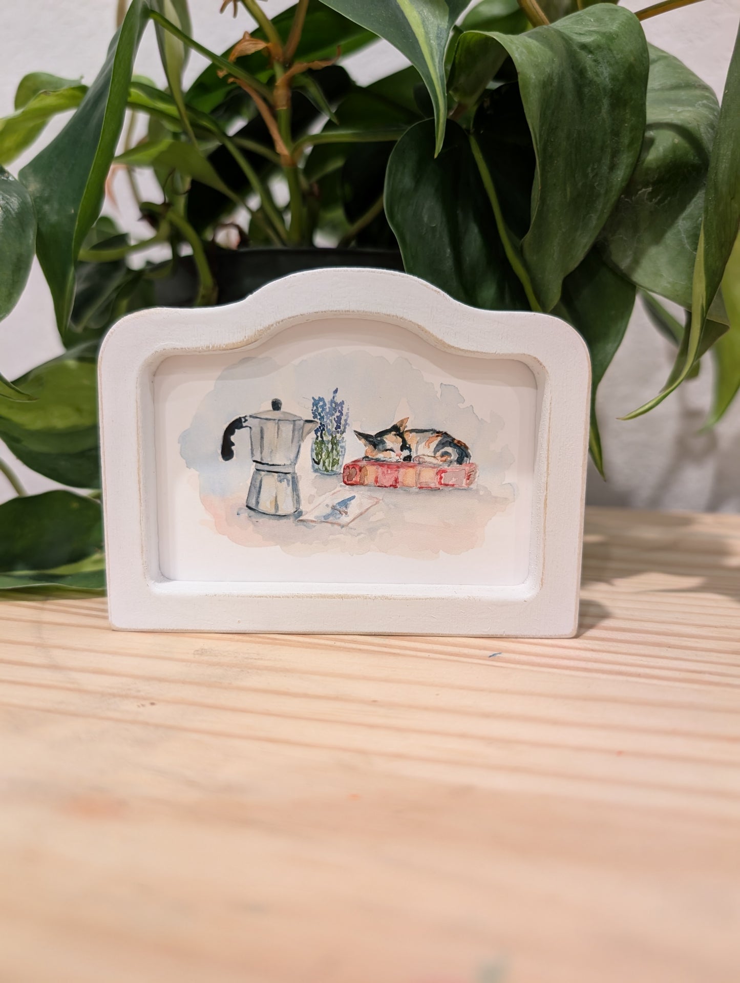 Mini Cat and Coffee Art Print - Wood Arch Frame - Lora Cavallin Art