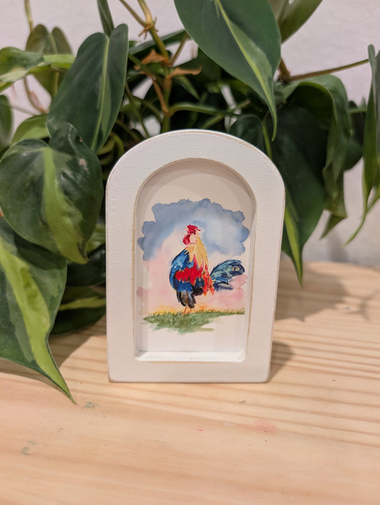 Mini Rooster Art Print - Wood Arch Frame - Lora Cavallin Art