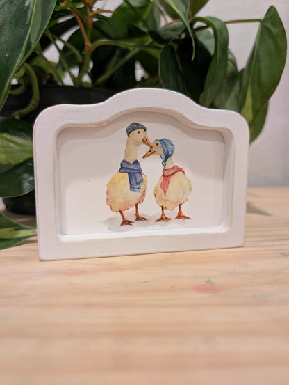 Mini Whimsical Duck Couple Art Print - Wood Arch Frame - Lora Cavallin Art