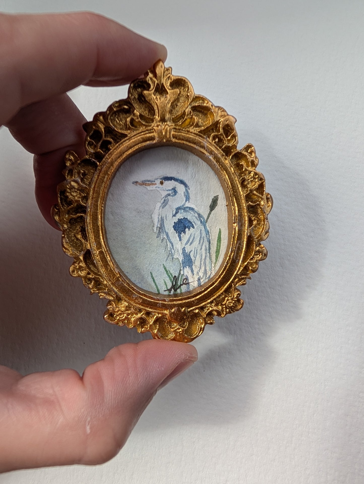Mini Blue Heron Painting - Original Watercolor Art by Lora Cavallin