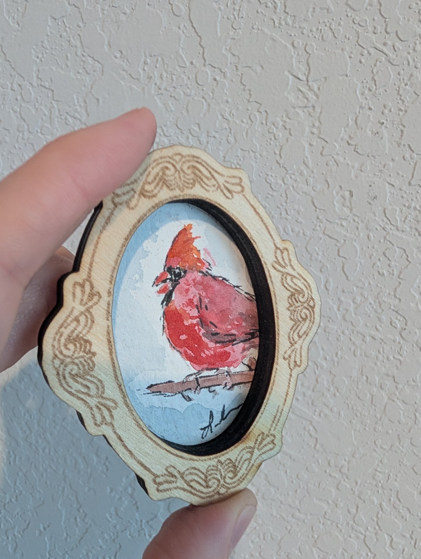 Mini Cardinal Bird Painting - Original Watercolor Art by Lora Cavallin
