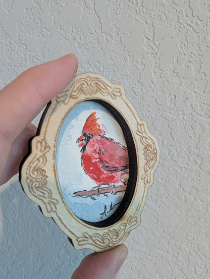 Mini Cardinal Bird Painting - Original Watercolor Art by Lora Cavallin