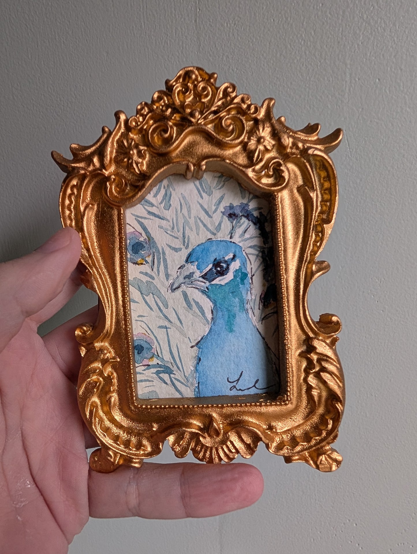 Mini Peacock Painting - Original Watercolor Art by Lora Cavallin