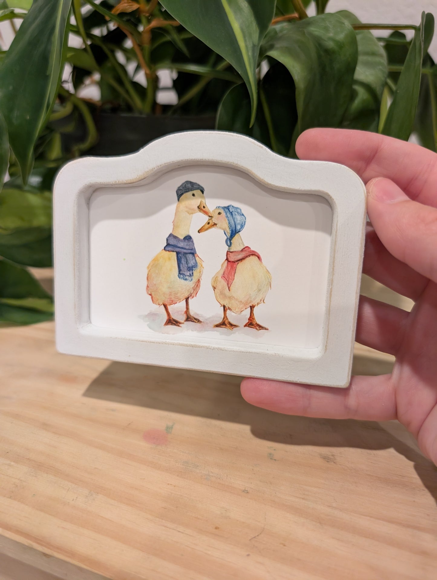 Mini Whimsical Duck Couple Art Print - Wood Arch Frame - Lora Cavallin Art