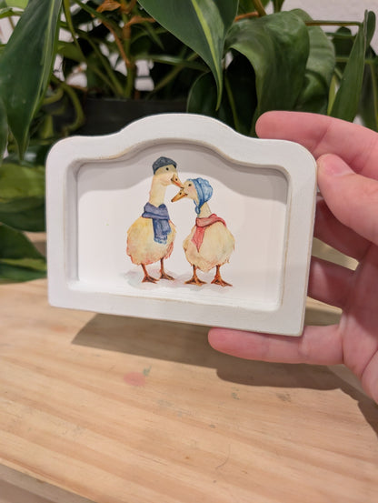 Mini Whimsical Duck Couple Art Print - Wood Arch Frame - Lora Cavallin Art
