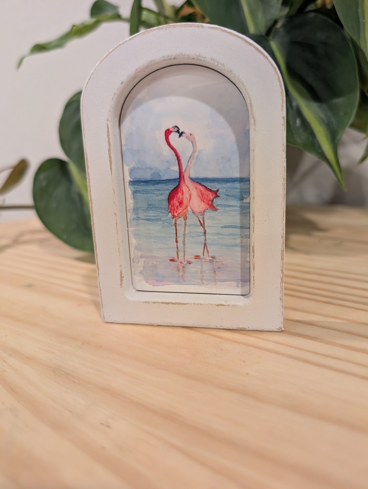 Mini Flamingos in Love Print - Wood Arch Frame - Lora Cavallin Art