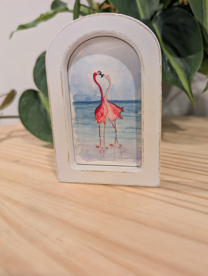 Mini Flamingos in Love Print - Wood Arch Frame - Lora Cavallin Art