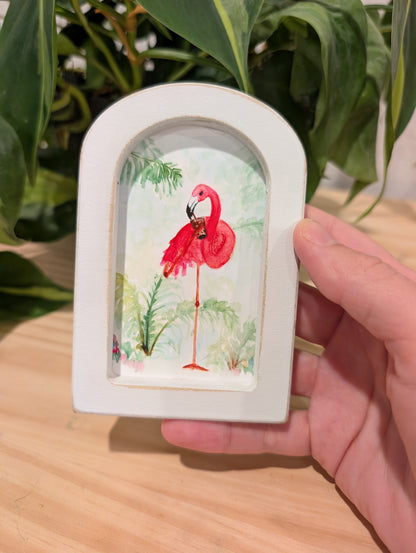 Mini Flamingo Drinking an Iced Drink Art Print - Wood Arch Frame - Lora Cavallin Art