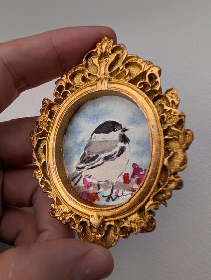 Mini Chickadee Bird Painting - Original Watercolor Art by Lora Cavallin