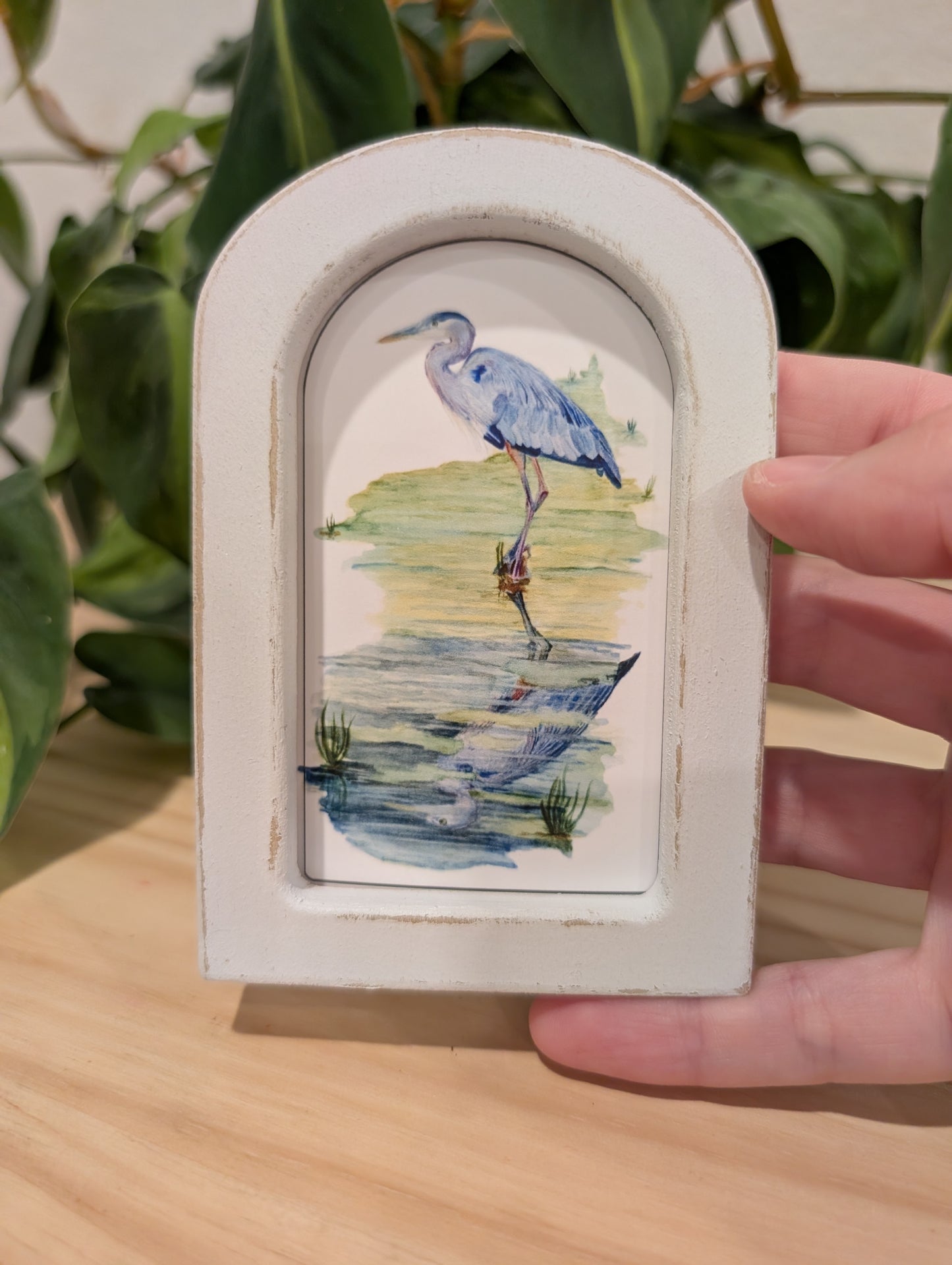 Mini Blue Heron in Creek Art Print - Wood Arch Frame - Lora Cavallin Art