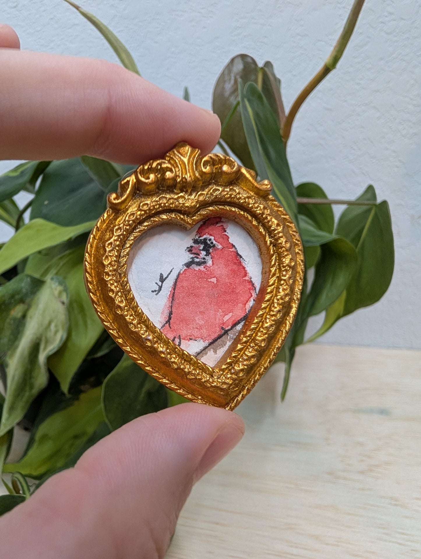 Mini Cardinal Bird Painting - Original Watercolor Art by Lora Cavallin