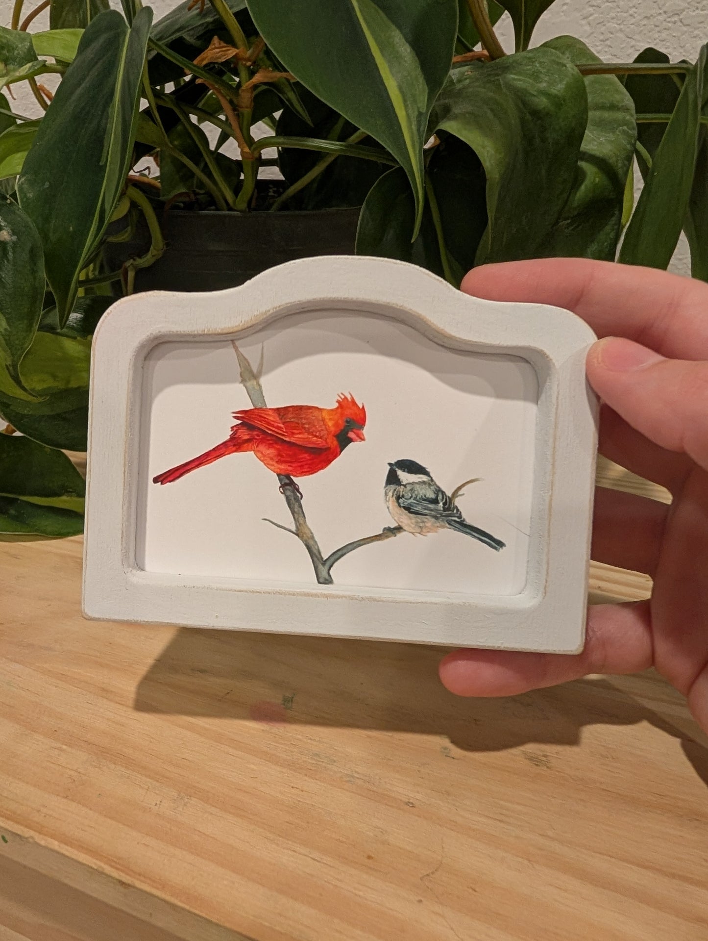 Mini Cardinal Bird and Chickadee Bird Art Print - Wood Arch Frame - Lora Cavallin Art