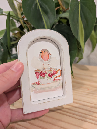 Mini Robin Bird on Teacup Art Print - Wood Arch Frame - Lora Cavallin Art