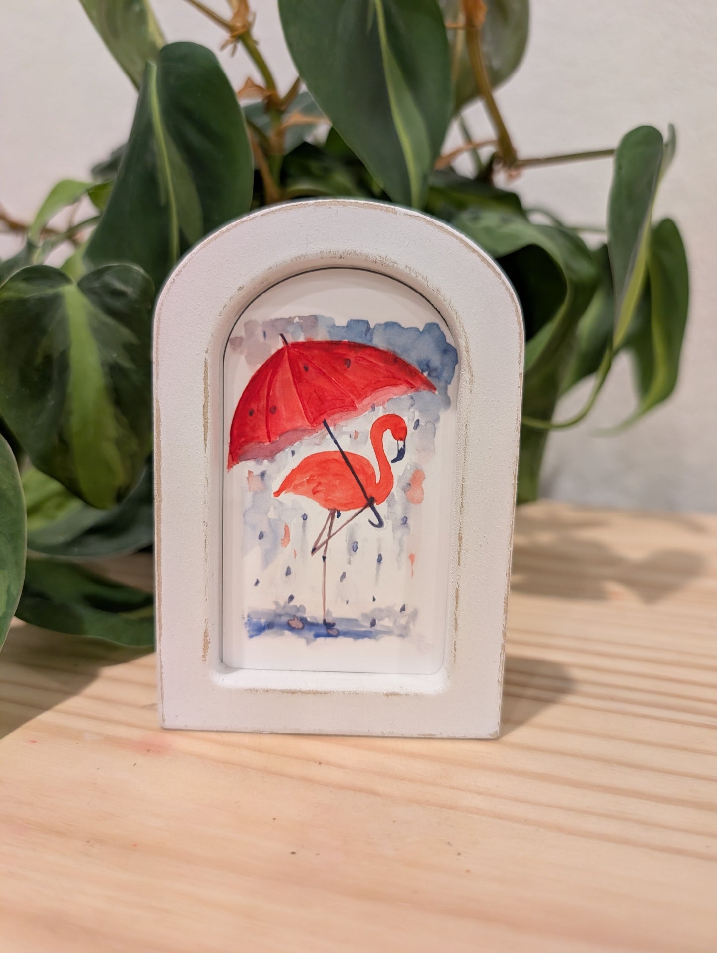 Mini Flamingo with Umbrella Art Print - Wood Arch Frame - Lora Cavallin Art