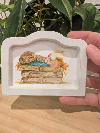 Mini Baby Jesus in Manger with Cat Art Print - Wood Arch Frame - Lora Cavallin Art
