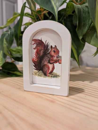 Mini Squirrel Drinking Coffee Art Print - Wood Arch Frame - Lora Cavallin Art