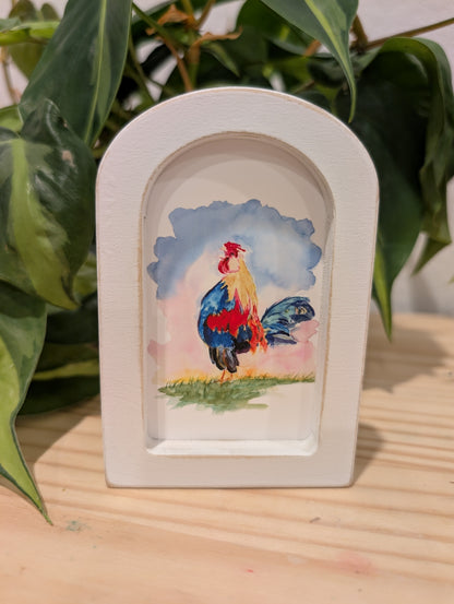 Mini Rooster Art Print - Wood Arch Frame - Lora Cavallin Art