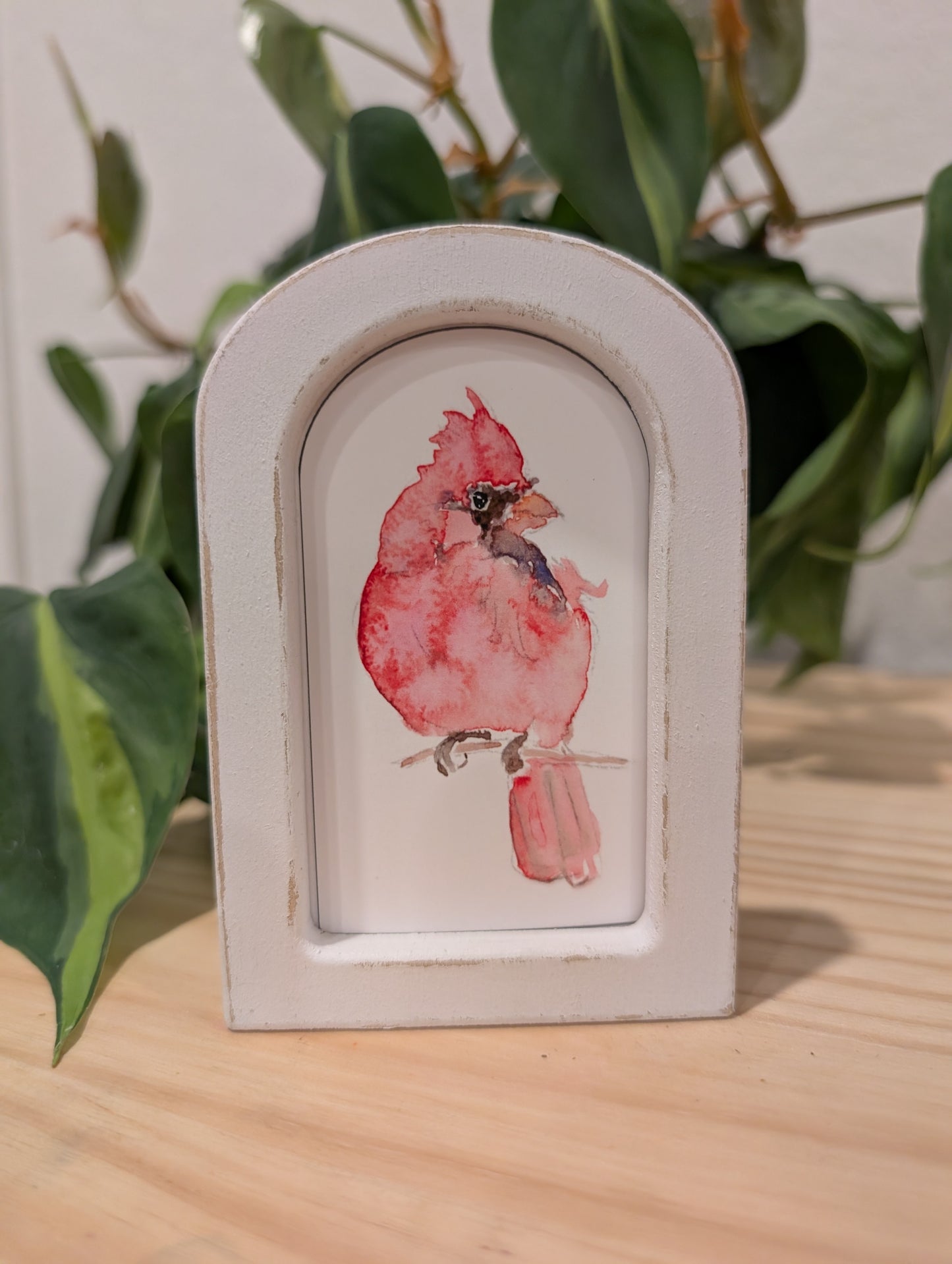 Mini Cardinal Bird Art Print - Wood Arch Frame - Lora Cavallin Art