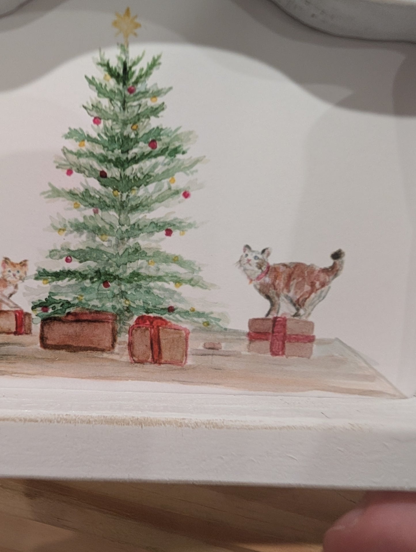 Mini Christmas Scene Cats and Presents Art Print - Wood Arch Frame - Lora Cavallin Art