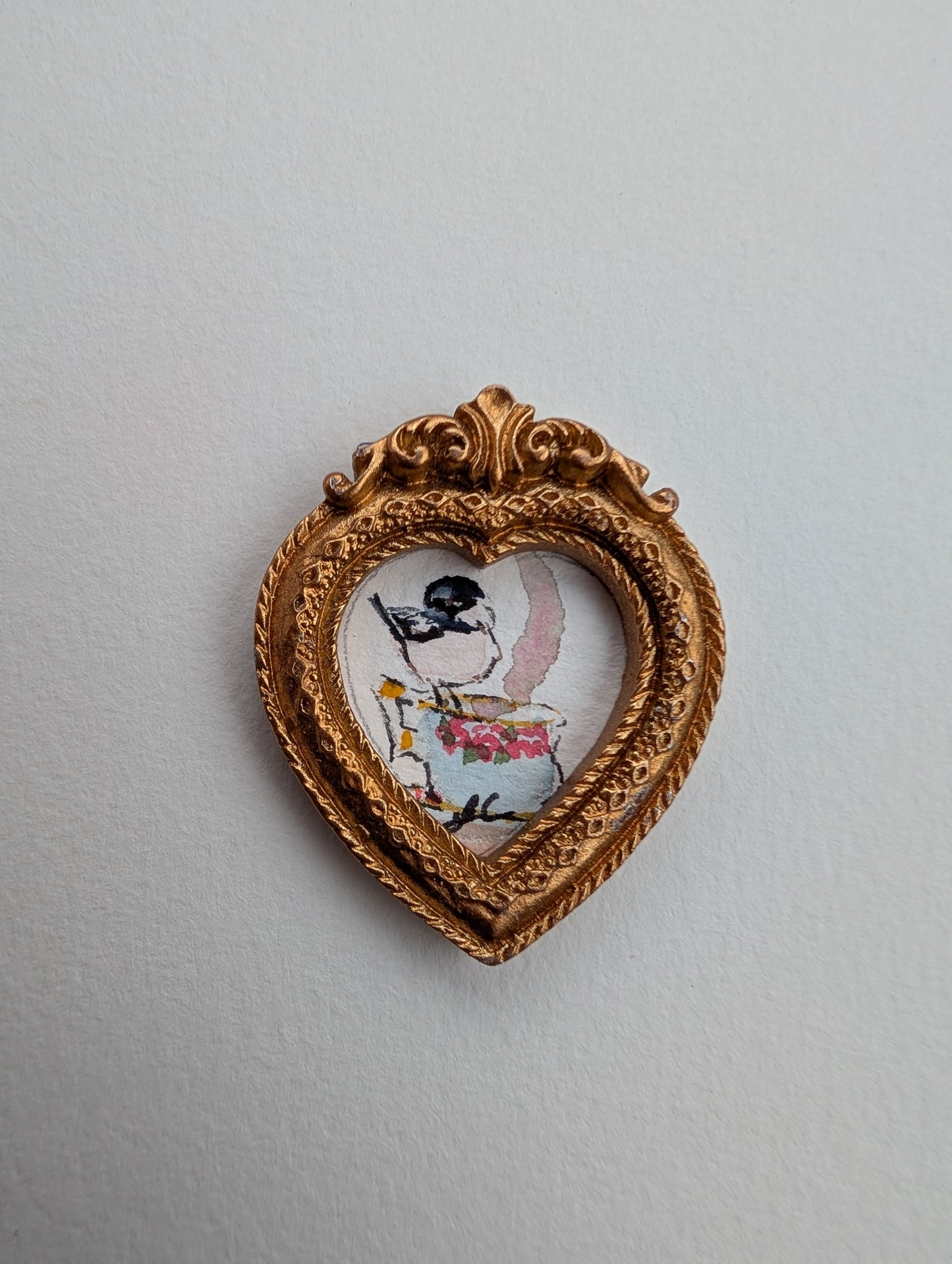 Mini Chickadee Bird on Teacup Painting - Original Watercolor Art by Lora Cavallin