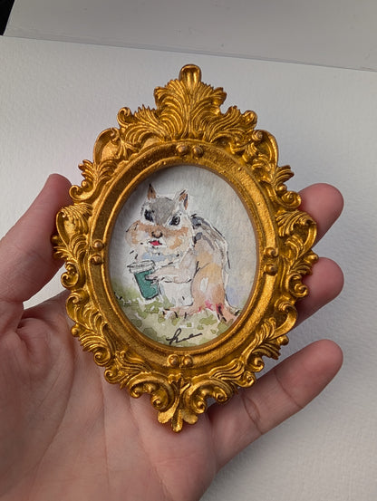Mini Chipmunk with Coffee Painting - Original Watercolor Art by Lora Cavallin