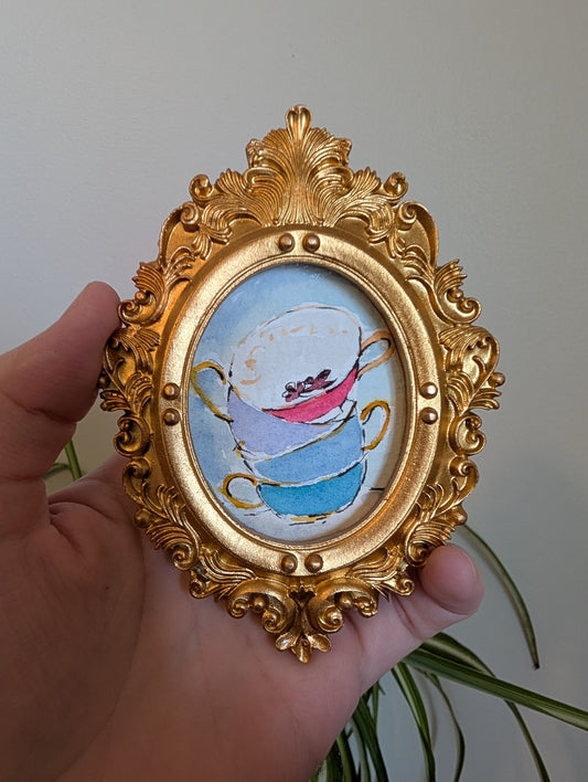 Mini Stack of Cups Painting - Original Watercolor Art by Lora Cavallin