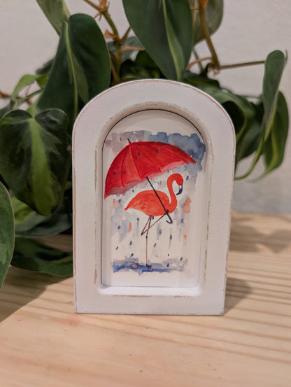 Mini Flamingo with Umbrella Art Print - Wood Arch Frame - Lora Cavallin Art