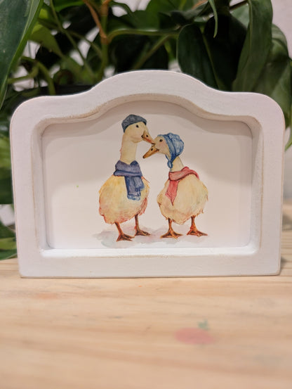 Mini Whimsical Duck Couple Art Print - Wood Arch Frame - Lora Cavallin Art
