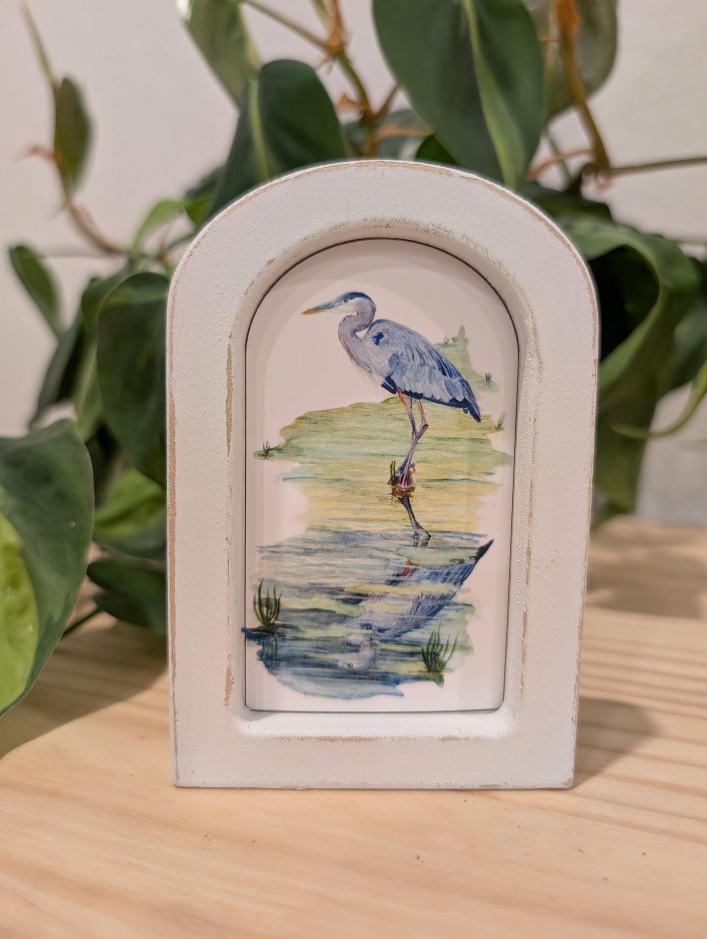Mini Blue Heron in Creek Art Print - Wood Arch Frame - Lora Cavallin Art