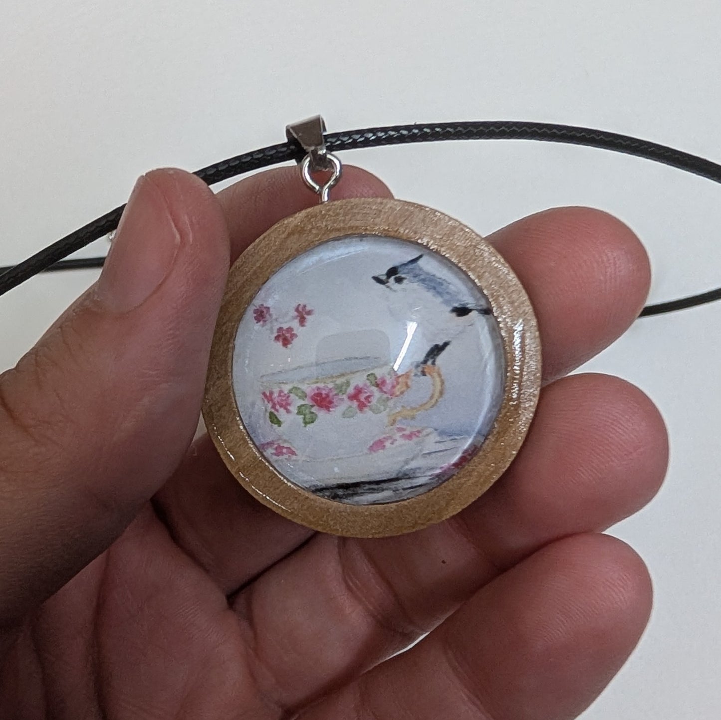 Titmouse Bird on Teacup Pendant Necklace - Lora Cavallin Art