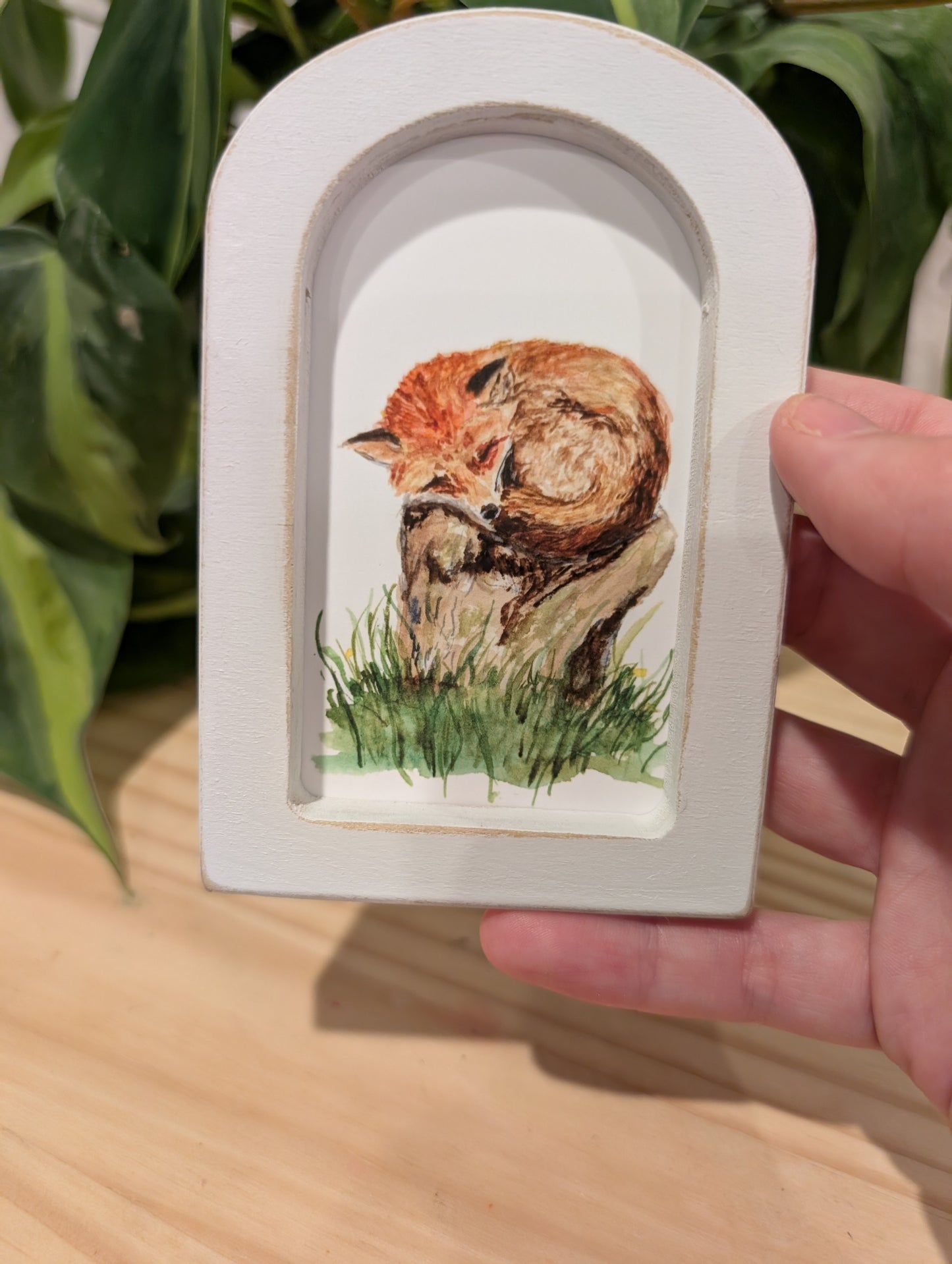 Mini Sleeping Fox Art Print - Wood Arch Frame - Lora Cavallin Art