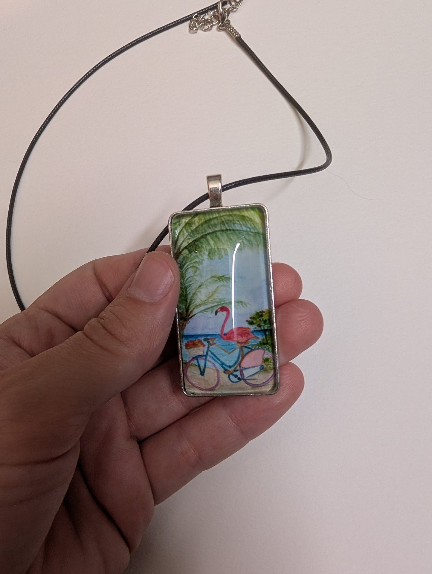 Flamingo on Bike Pendant Necklace - Lora Cavallin Art