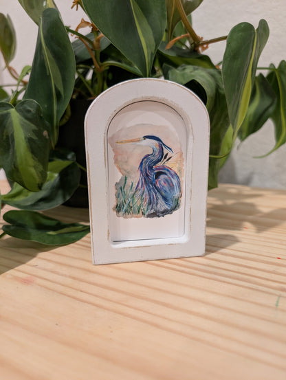 Mini Whimsical Blue Heron Art Print - Wood Arch Frame - Lora Cavallin Art