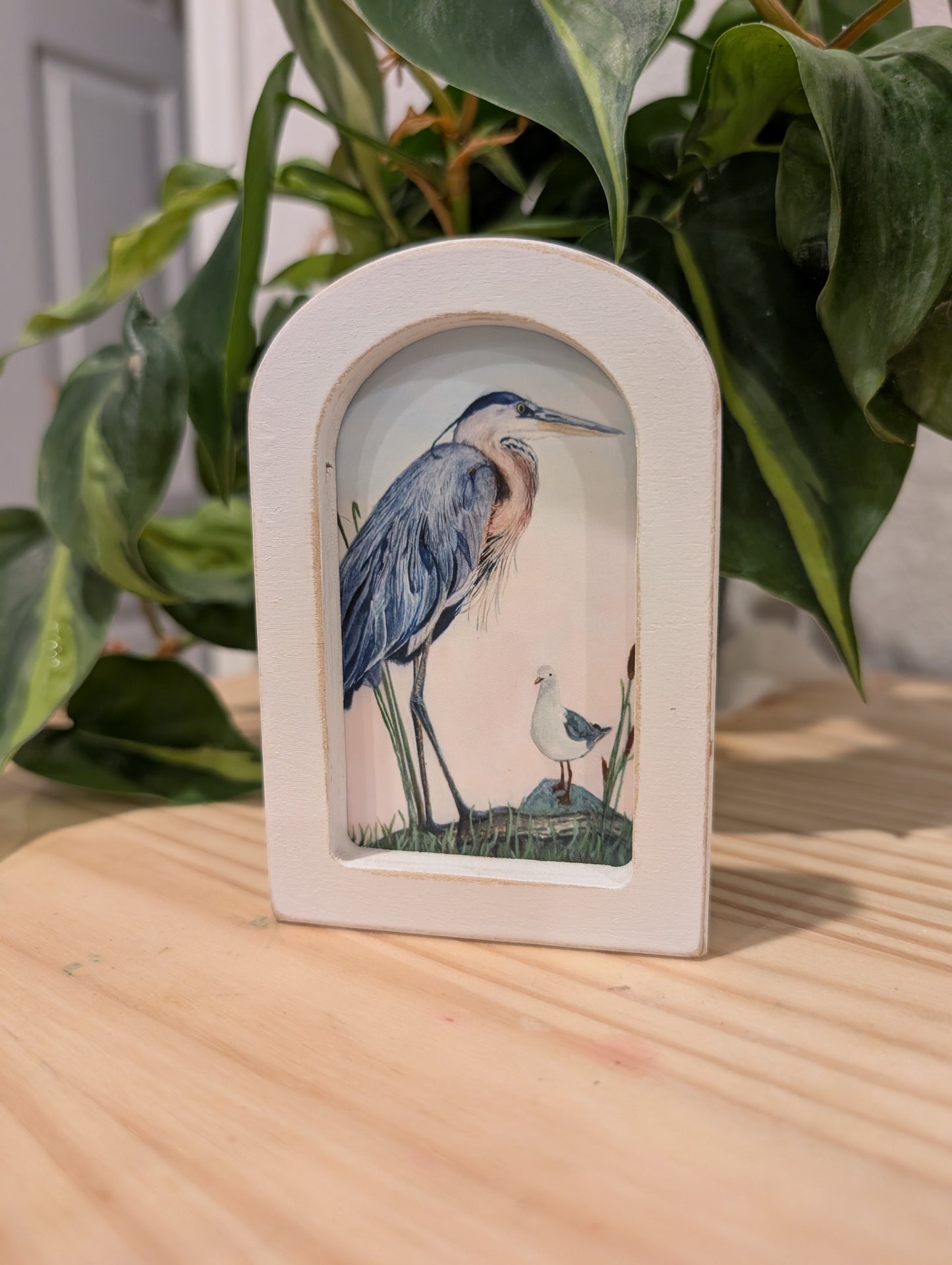 Mini Blue Heron with Seagull Art Print - Wood Arch Frame - Lora Cavallin Art