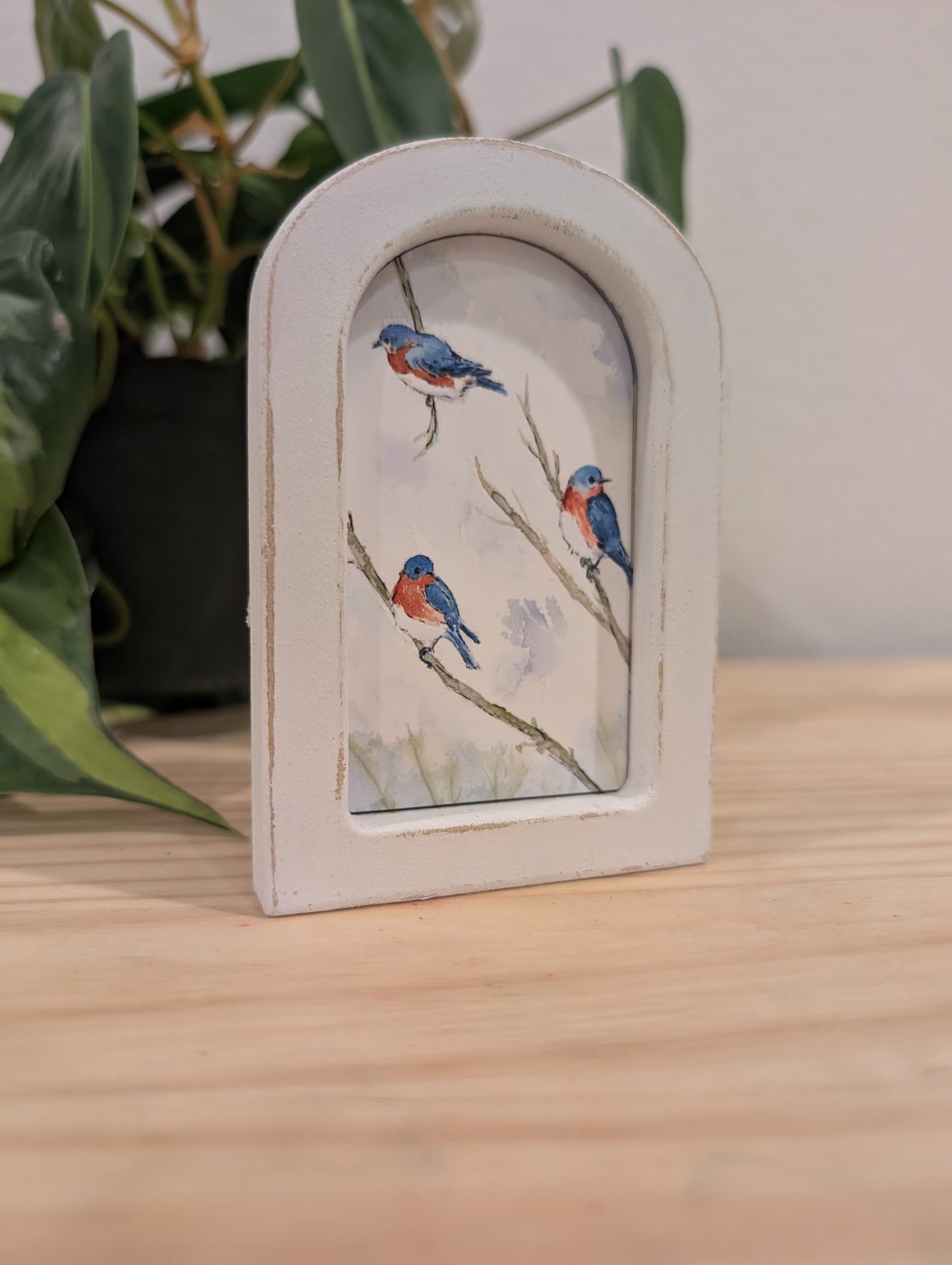 Mini Bluebirds on Branches Art Print - Wood Arch Frame - Lora Cavallin Art