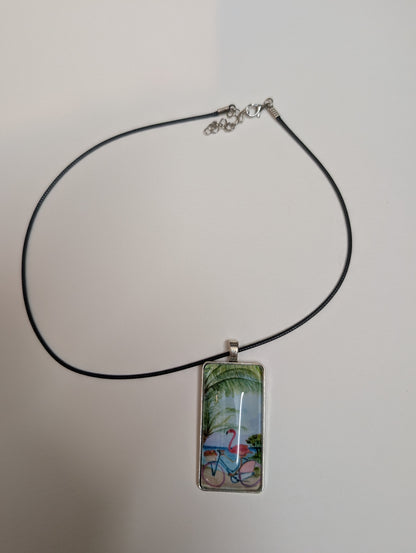 Flamingo on Bike Pendant Necklace - Lora Cavallin Art
