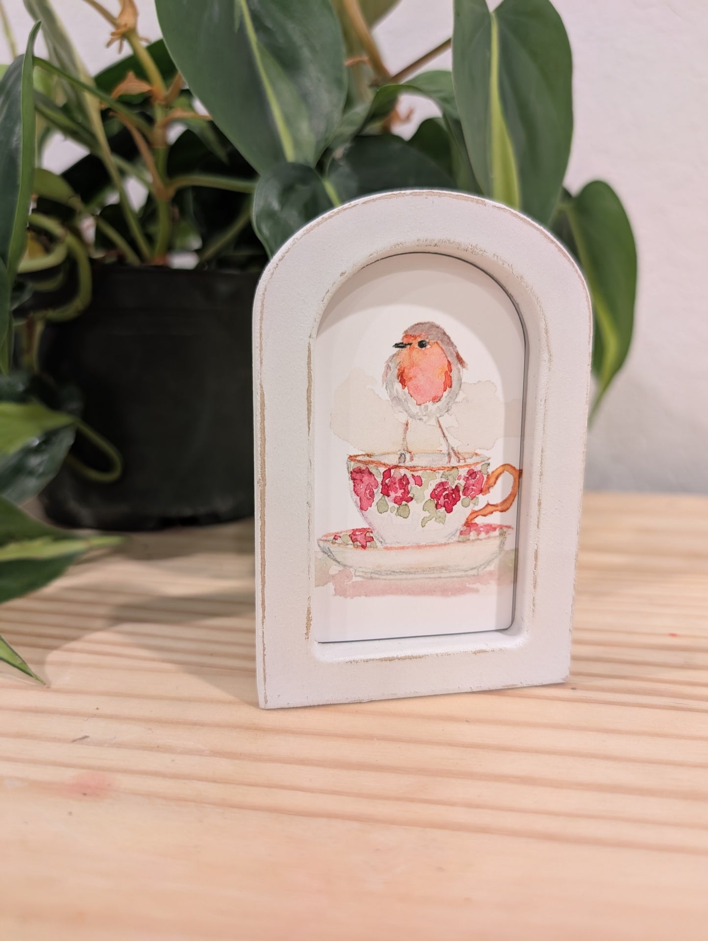Mini Robin Bird on Teacup Art Print - Wood Arch Frame - Lora Cavallin Art