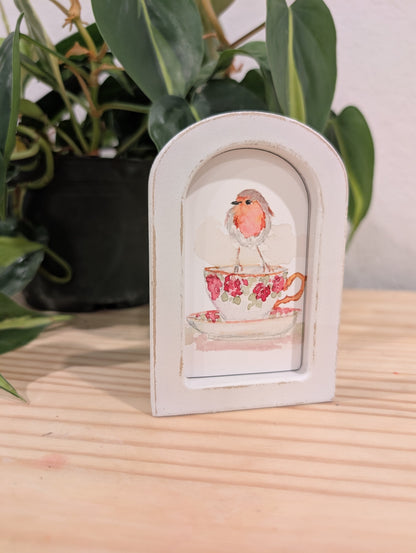 Mini Robin Bird on Teacup Art Print - Wood Arch Frame - Lora Cavallin Art