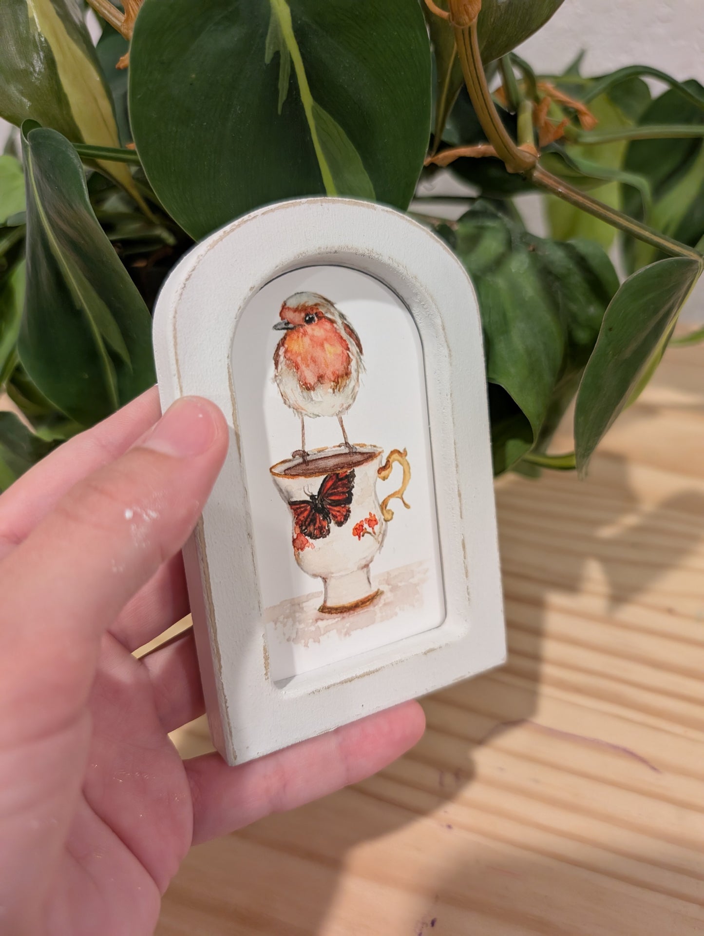 Mini Robin Bird on Teacup Art Print - Wood Arch Frame - Lora Cavallin Art