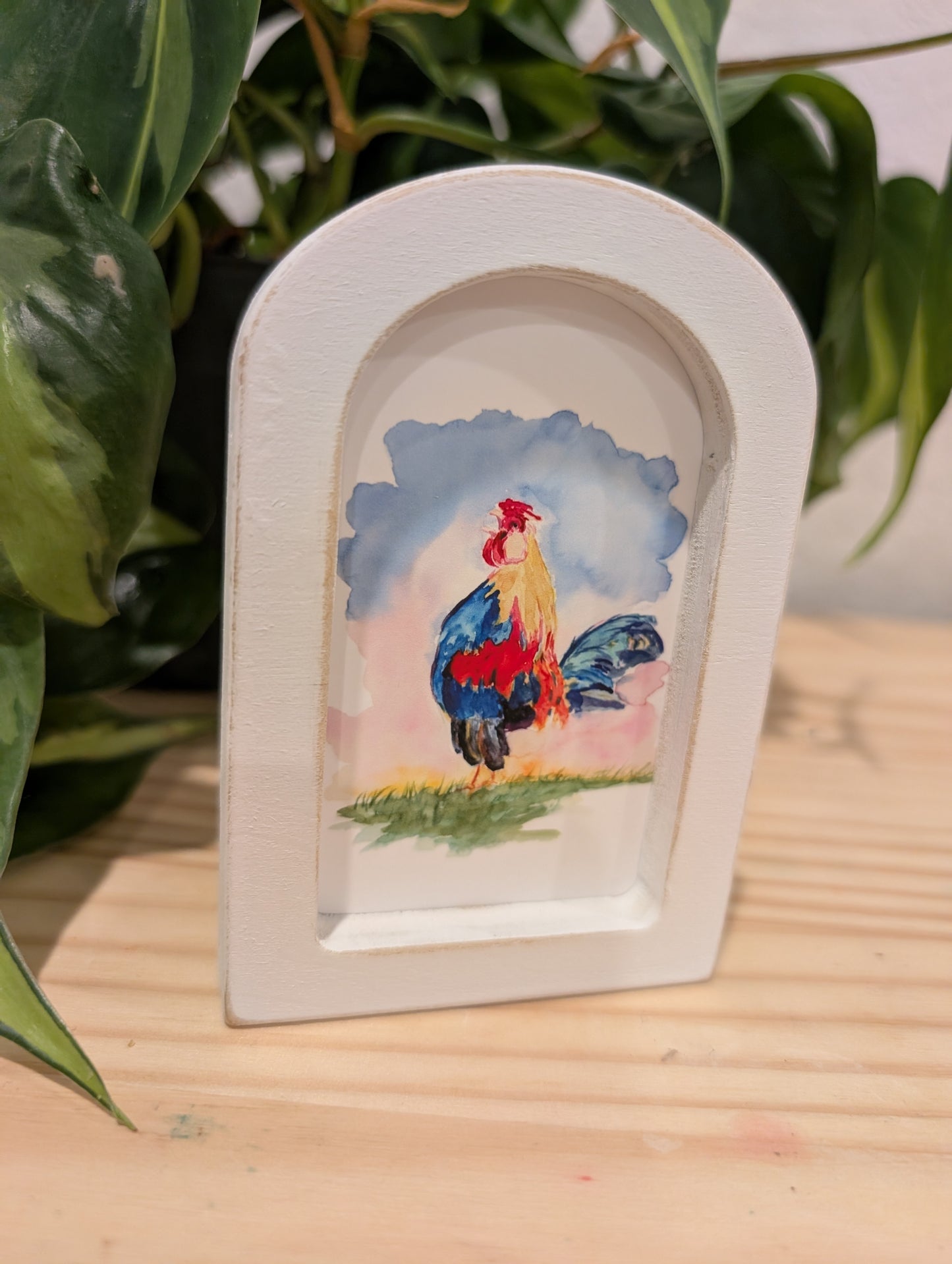 Mini Rooster Art Print - Wood Arch Frame - Lora Cavallin Art
