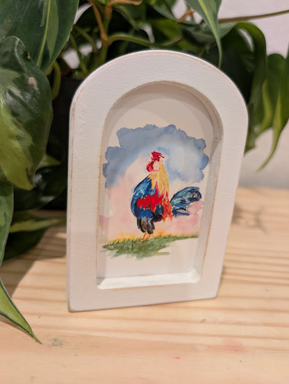 Mini Rooster Art Print - Wood Arch Frame - Lora Cavallin Art