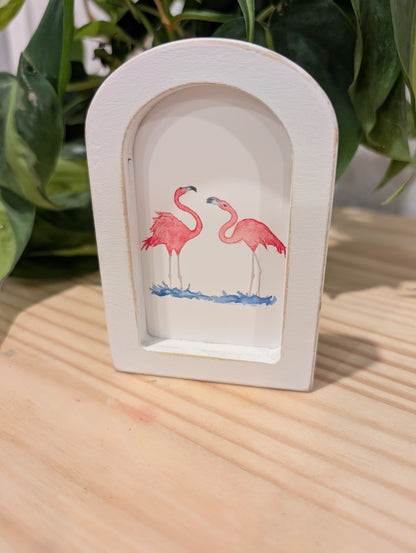 Mini Flamingo Dance Art Print - Wood Arch Frame - Lora Cavallin Art
