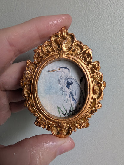 Mini Blue Heron Painting - Original Watercolor Art by Lora Cavallin